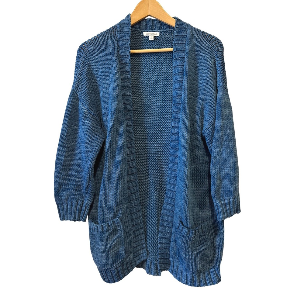Johnny Was Cardigan Size S Blue Chunky Knit Cotton Open Front Coastal Beach Boho
